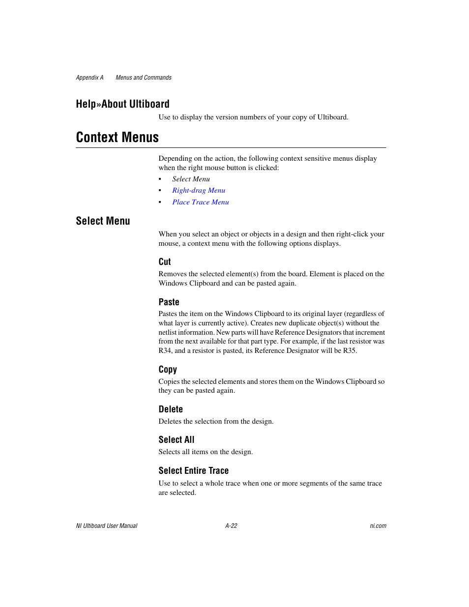 Context menus, Help»about ultiboard, Select menu | National Instruments Graphical User Interface Ultiboard User Manual | Page 263 / 281