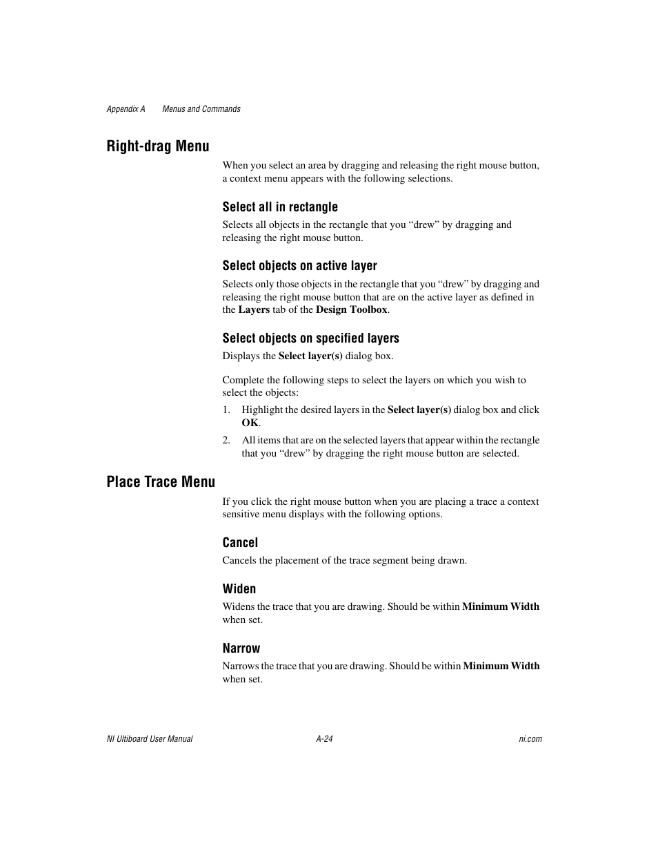 Right-drag menu, Place trace menu | National Instruments Graphical User Interface Ultiboard User Manual | Page 265 / 281