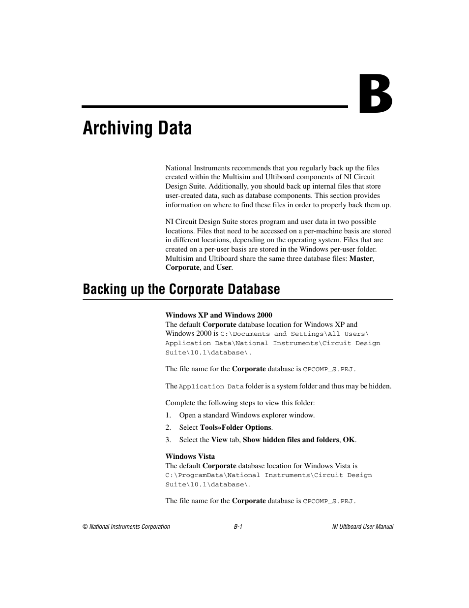 Appendix b archiving data, Archiving data, Backing up the corporate database | National Instruments Graphical User Interface Ultiboard User Manual | Page 266 / 281
