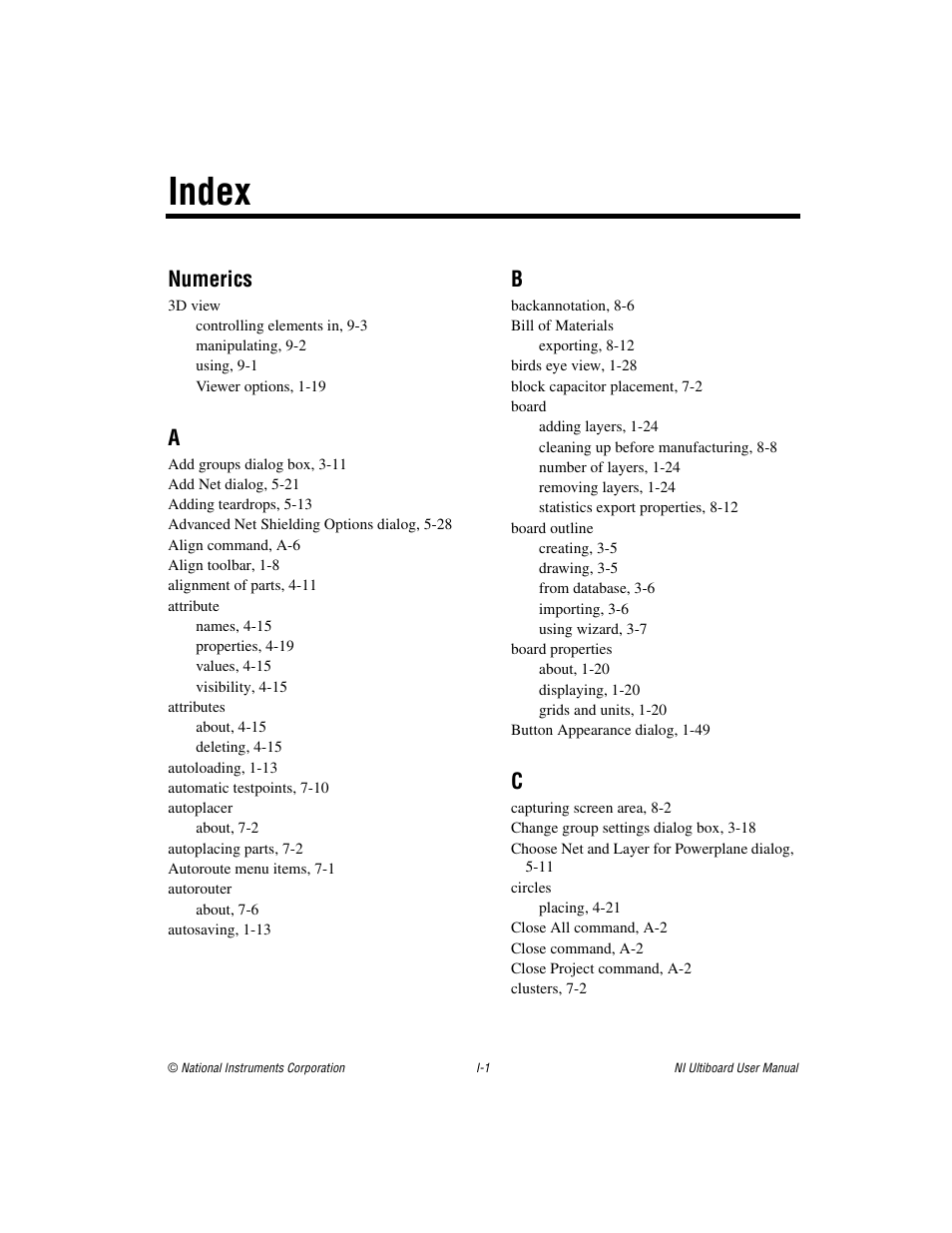 Index, Numerics | National Instruments Graphical User Interface Ultiboard User Manual | Page 275 / 281