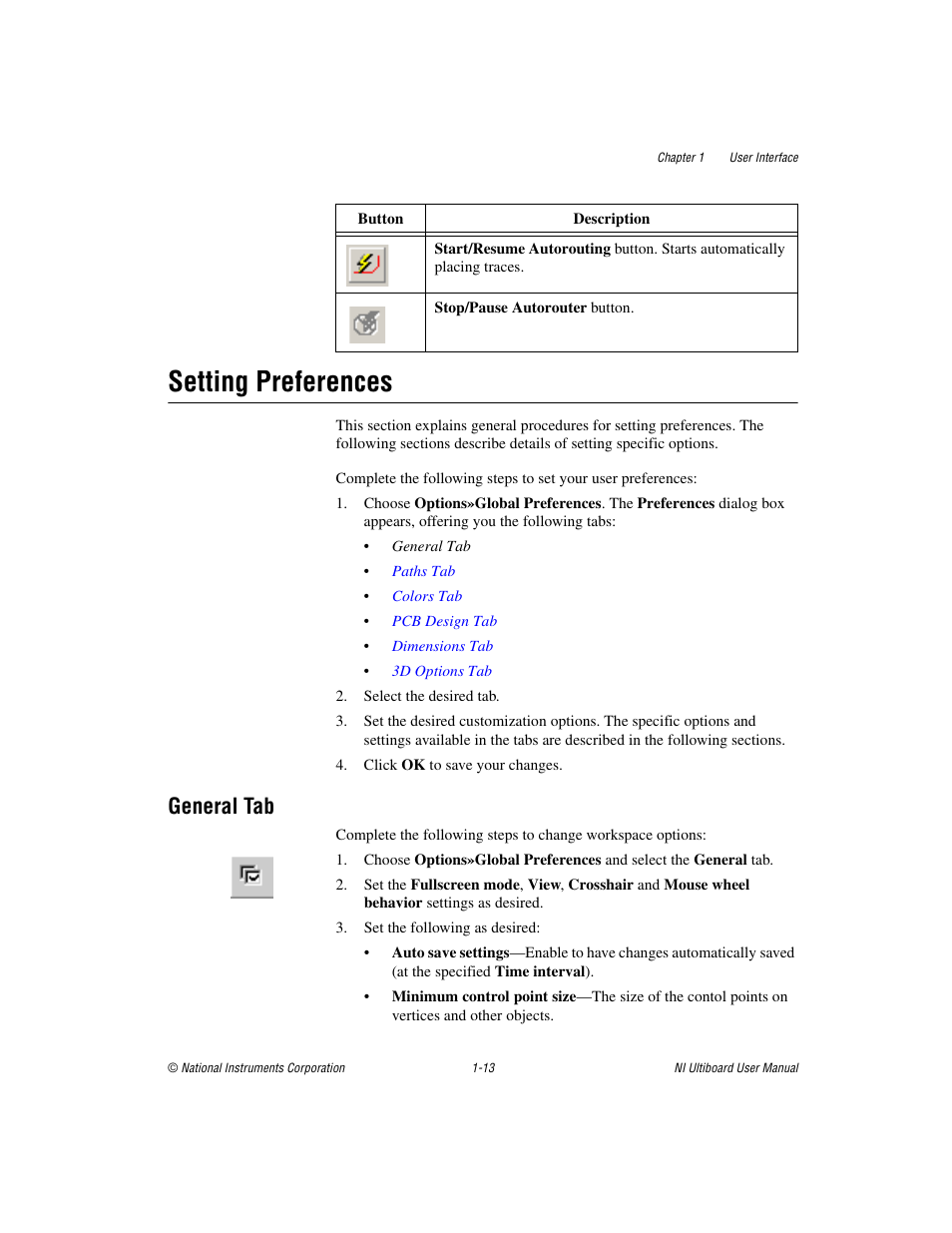 Setting preferences, General tab, Setting preferences -13 | General tab -13 | National Instruments Graphical User Interface Ultiboard User Manual | Page 29 / 281