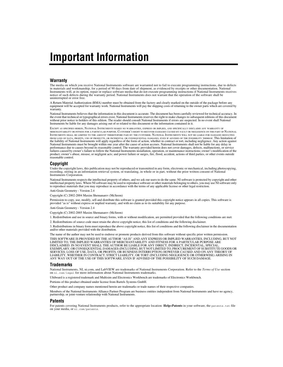 Important information, Warranty, Copyright | Trademarks, Patents | National Instruments Graphical User Interface Ultiboard User Manual | Page 3 / 281
