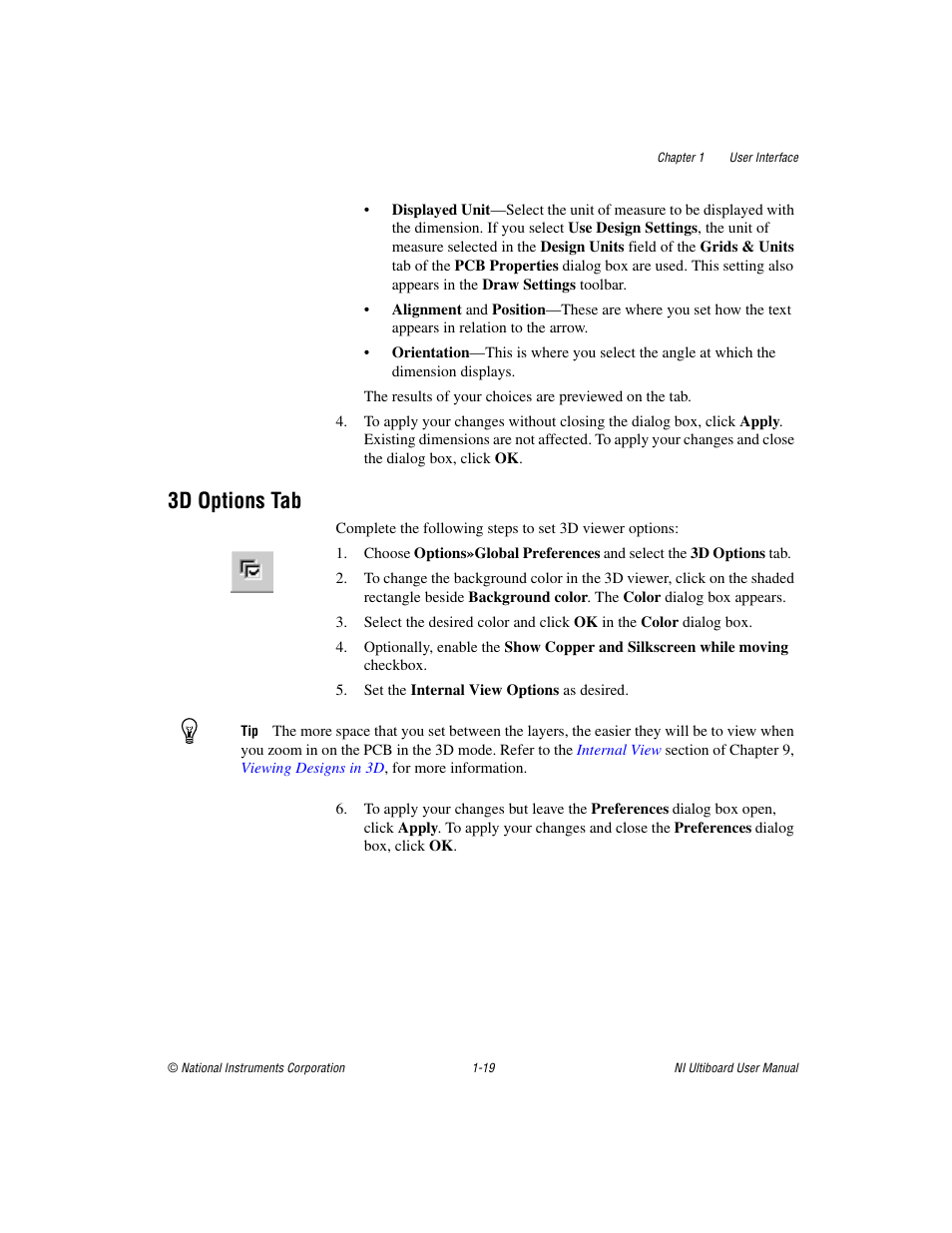 3d options tab, 3d options tab -19 | National Instruments Graphical User Interface Ultiboard User Manual | Page 35 / 281