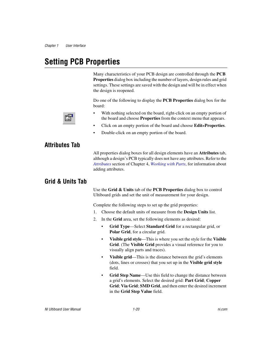 Setting pcb properties, Attributes tab, Grid & units tab | Setting pcb properties -20, Attributes tab -20 grid & units tab -20 | National Instruments Graphical User Interface Ultiboard User Manual | Page 36 / 281