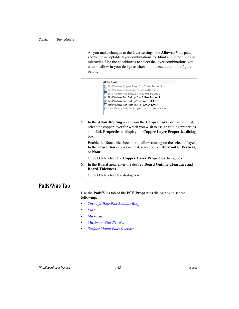 Pads/vias tab, Pads/vias tab -22 | National Instruments Graphical User Interface Ultiboard User Manual | Page 38 / 281