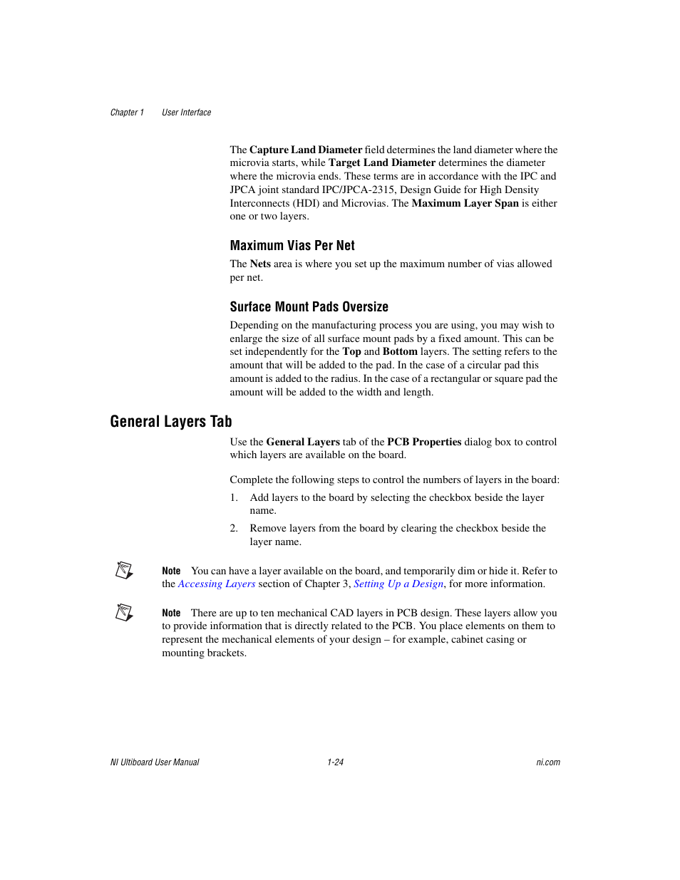 General layers tab, General layers tab -24, Maximum vias per net | Surface mount pads oversize | National Instruments Graphical User Interface Ultiboard User Manual | Page 40 / 281