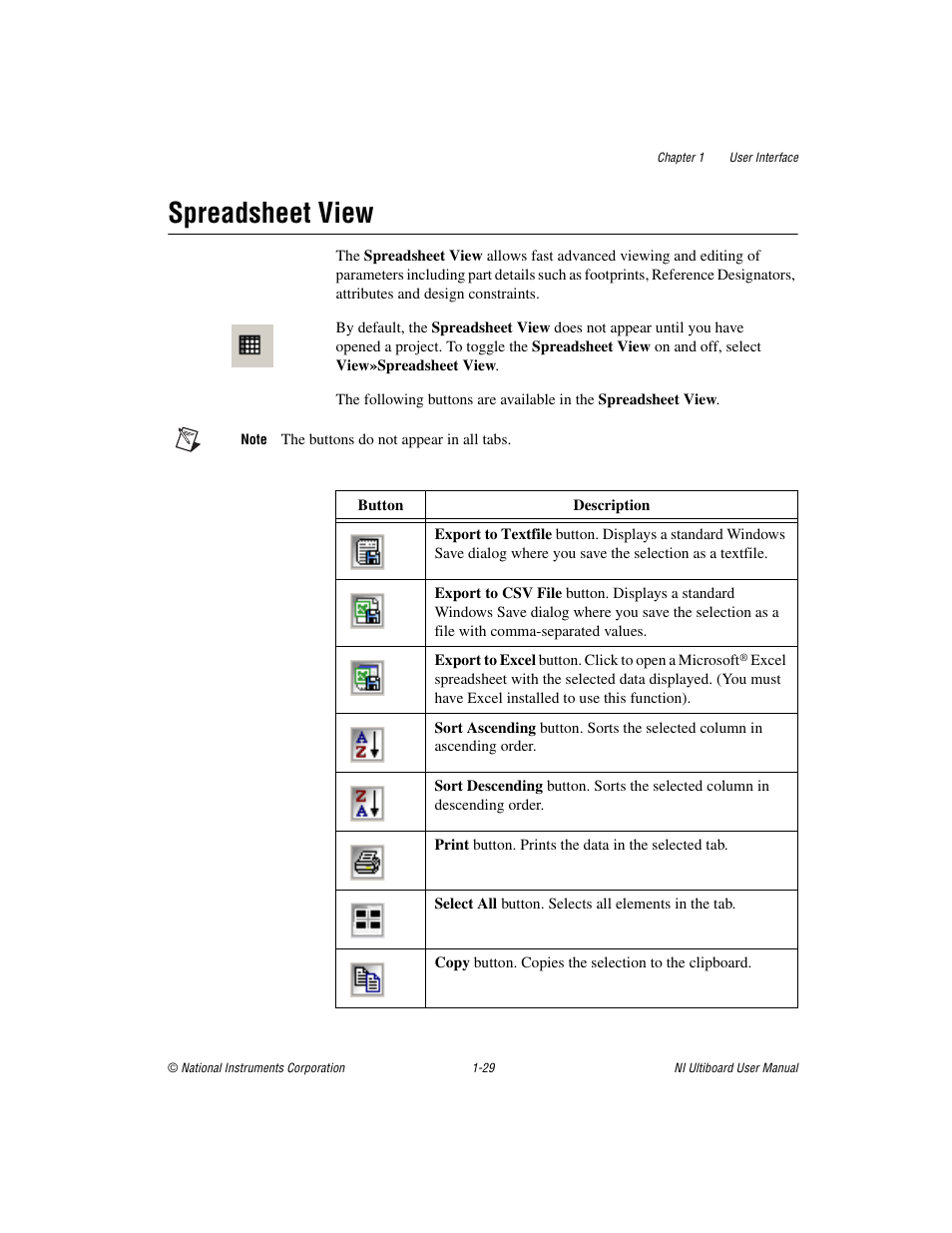 Spreadsheet view, Spreadsheet view -29 | National Instruments Graphical User Interface Ultiboard User Manual | Page 45 / 281