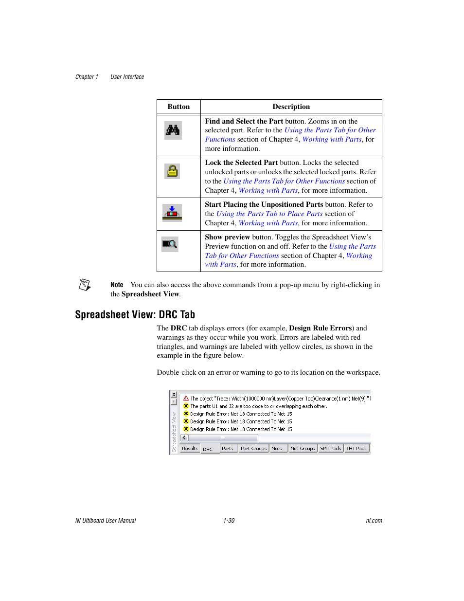 Spreadsheet view: drc tab, Spreadsheet view: drc tab -30 | National Instruments Graphical User Interface Ultiboard User Manual | Page 46 / 281