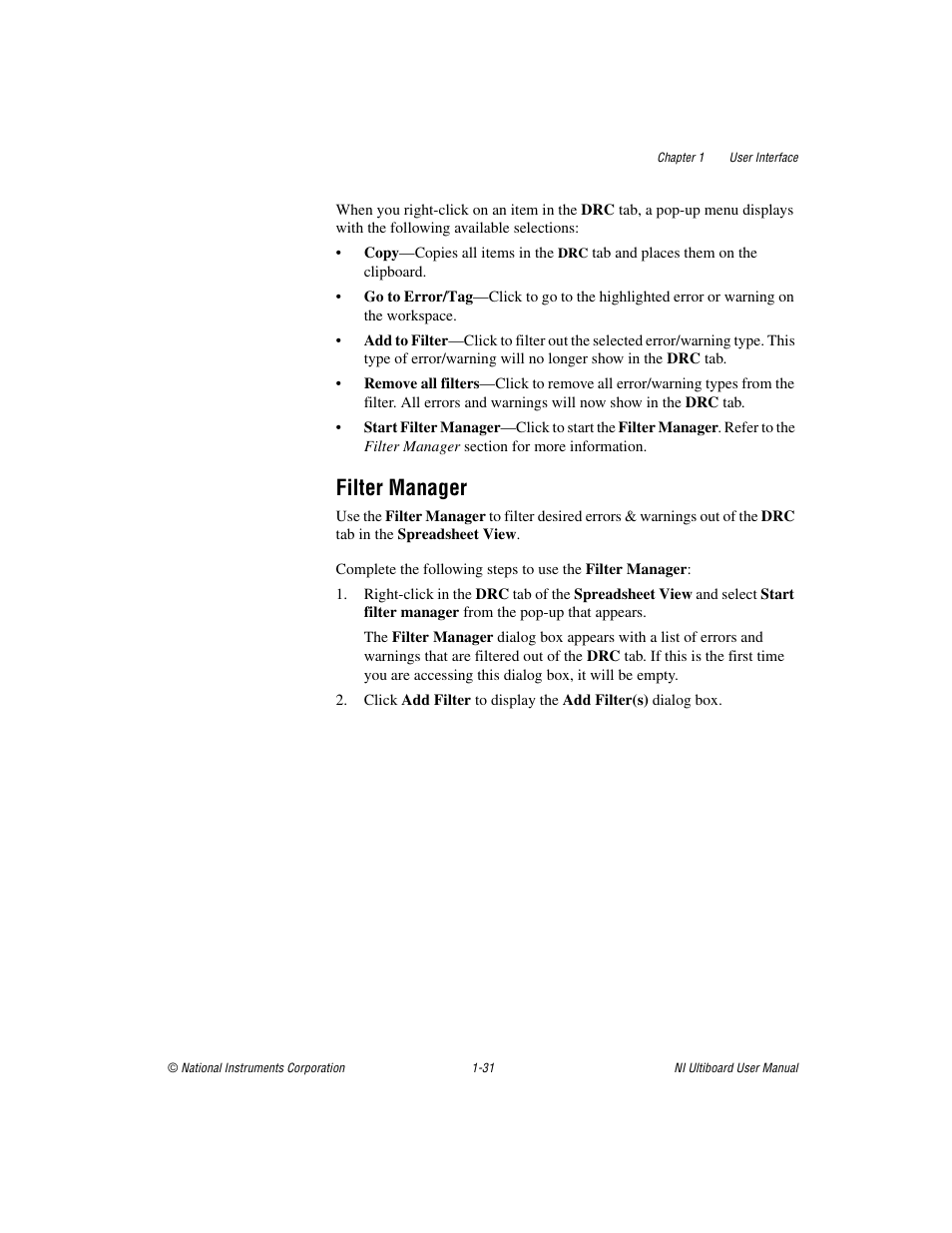 Filter manager, Filter manager -31 | National Instruments Graphical User Interface Ultiboard User Manual | Page 47 / 281