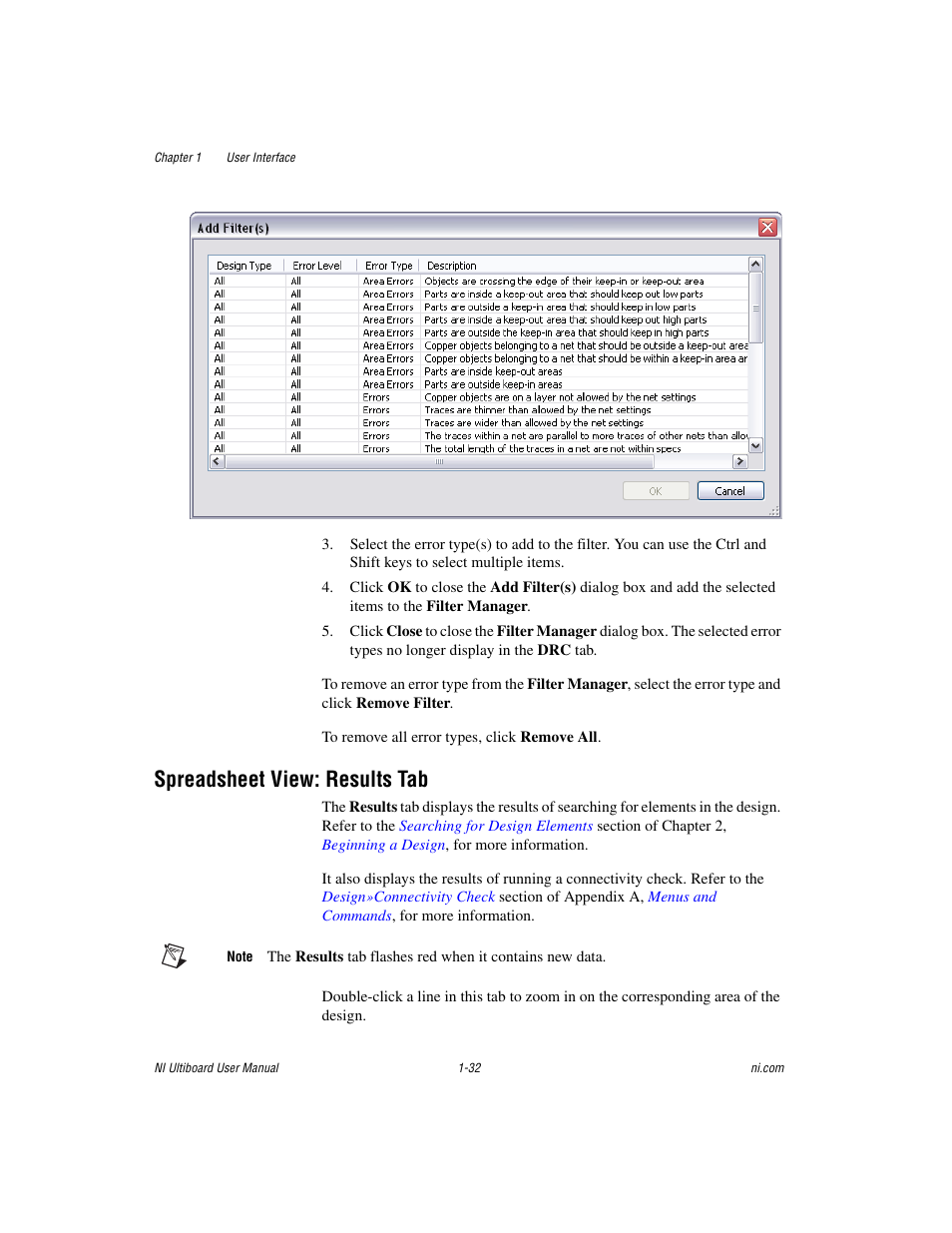 Spreadsheet view: results tab, Spreadsheet view: results tab -32 | National Instruments Graphical User Interface Ultiboard User Manual | Page 48 / 281