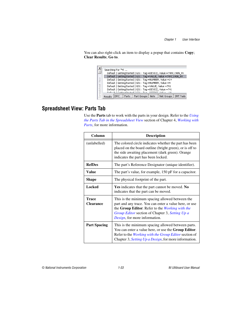 Spreadsheet view: parts tab, Spreadsheet view: parts tab -33 | National Instruments Graphical User Interface Ultiboard User Manual | Page 49 / 281