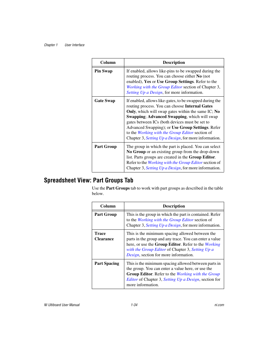 Spreadsheet view: part groups tab, Spreadsheet view: part groups tab -34 | National Instruments Graphical User Interface Ultiboard User Manual | Page 50 / 281