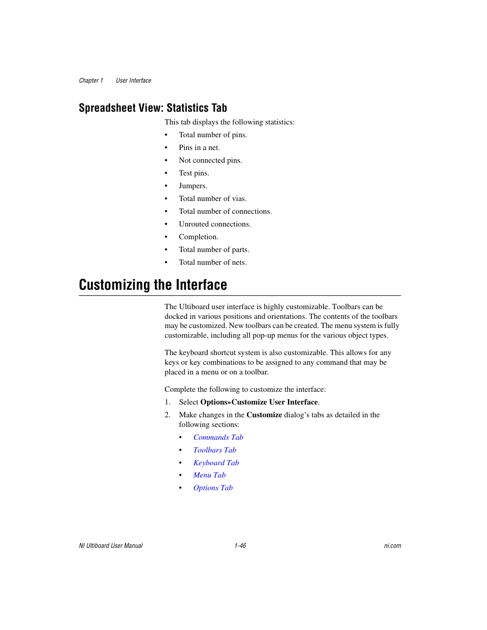 Spreadsheet view: statistics tab, Customizing the interface, Spreadsheet view: statistics tab -46 | Customizing the interface -46 | National Instruments Graphical User Interface Ultiboard User Manual | Page 62 / 281