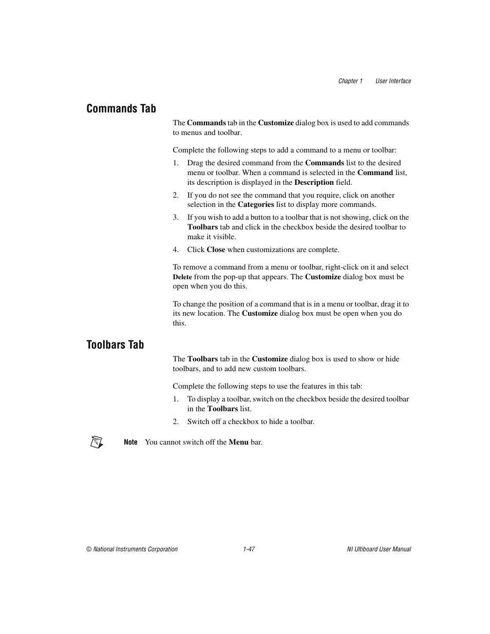 Commands tab, Toolbars tab, Commands tab -47 toolbars tab -47 | National Instruments Graphical User Interface Ultiboard User Manual | Page 63 / 281