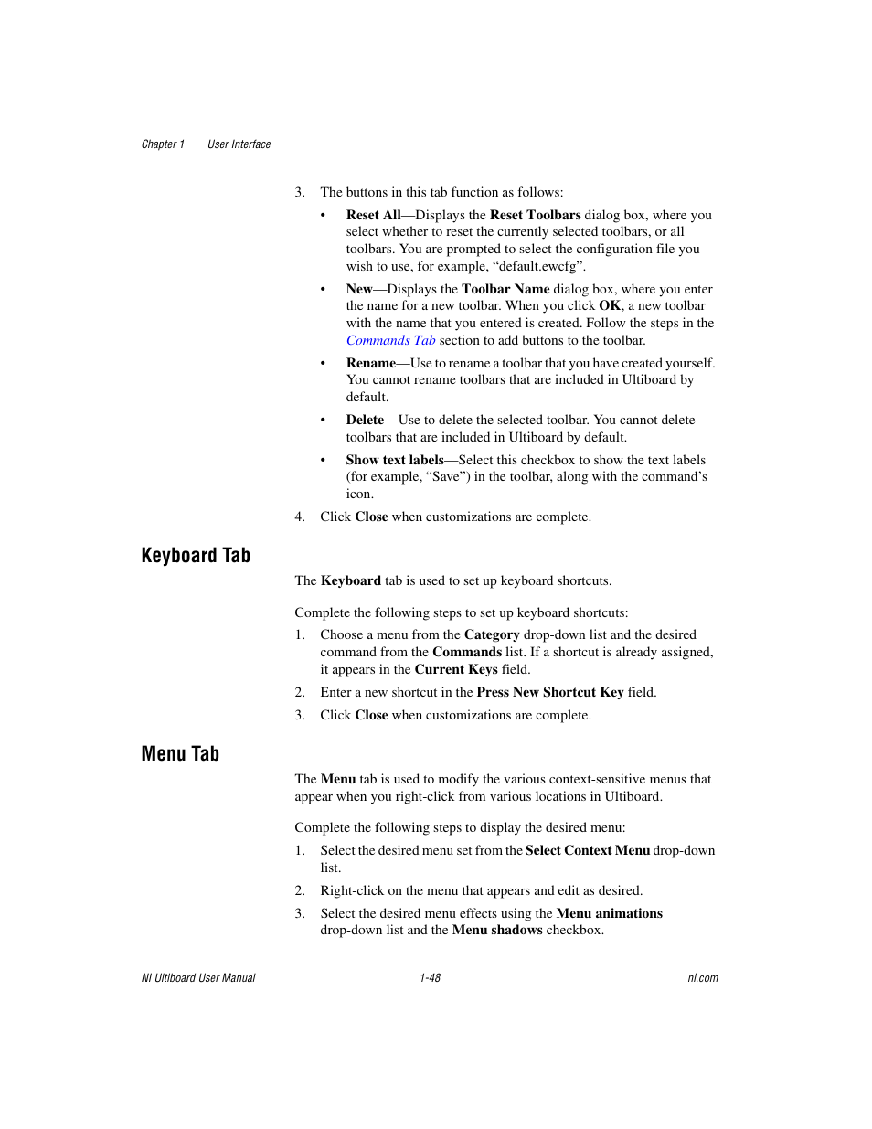 Keyboard tab, Menu tab, Keyboard tab -48 menu tab -48 | National Instruments Graphical User Interface Ultiboard User Manual | Page 64 / 281