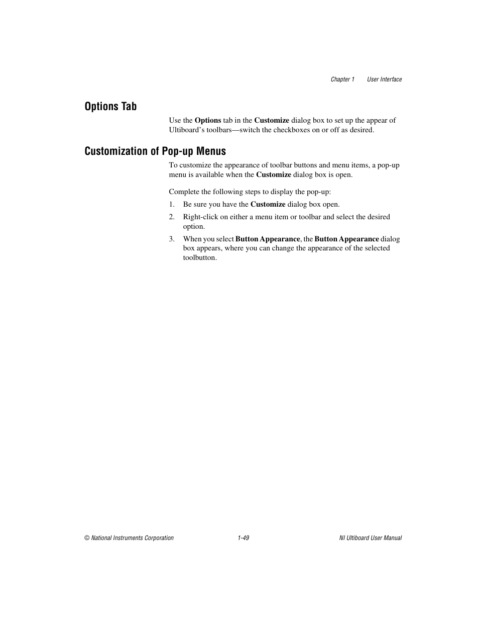 Options tab, Customization of pop-up menus, Options tab -49 customization of pop-up menus -49 | National Instruments Graphical User Interface Ultiboard User Manual | Page 65 / 281