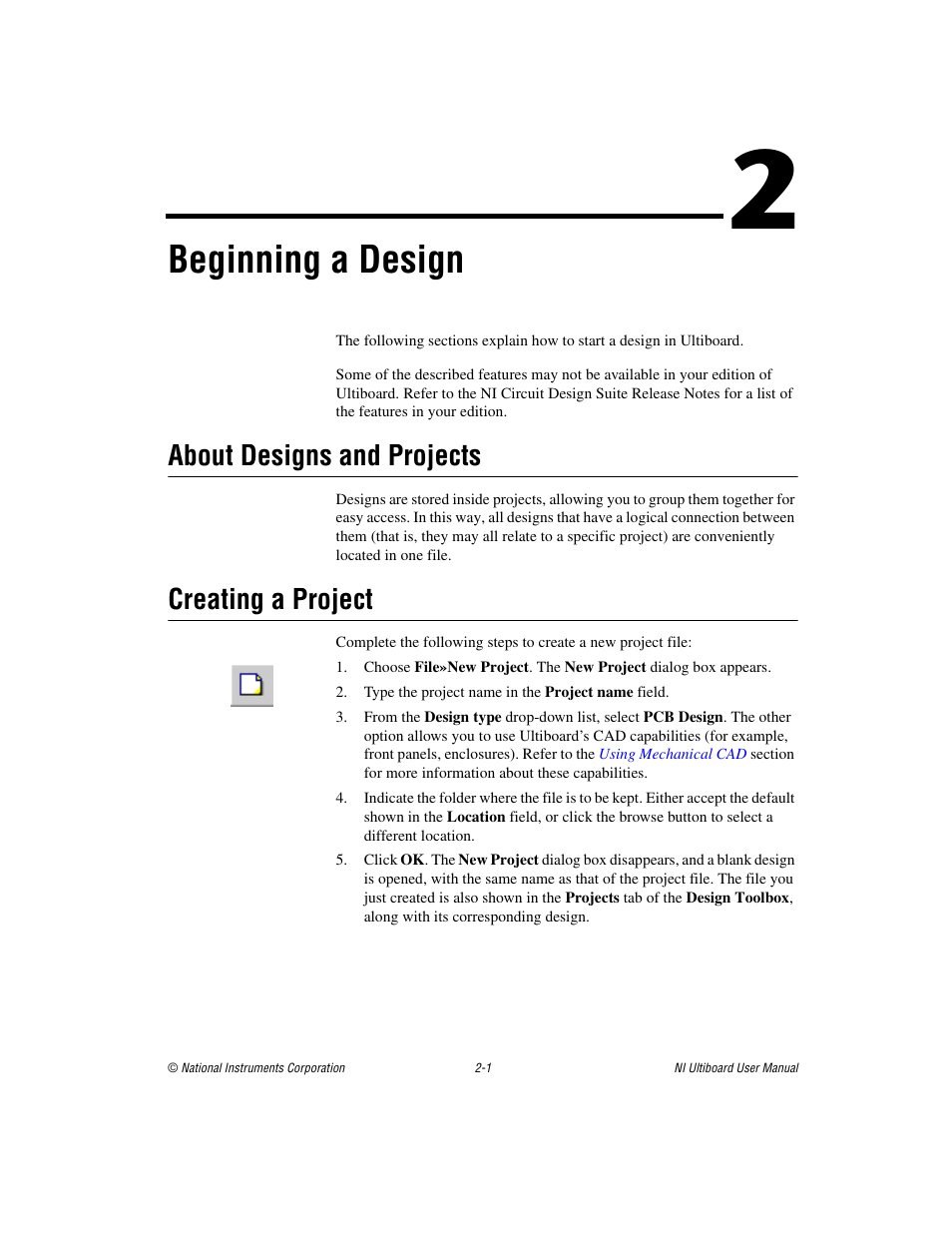 Chapter 2 beginning a design, About designs and projects, Creating a project | Beginning a design, Ection of chapter 2, Beginning, A design, Ion of of chapter 2, Ter 2 | National Instruments Graphical User Interface Ultiboard User Manual | Page 66 / 281