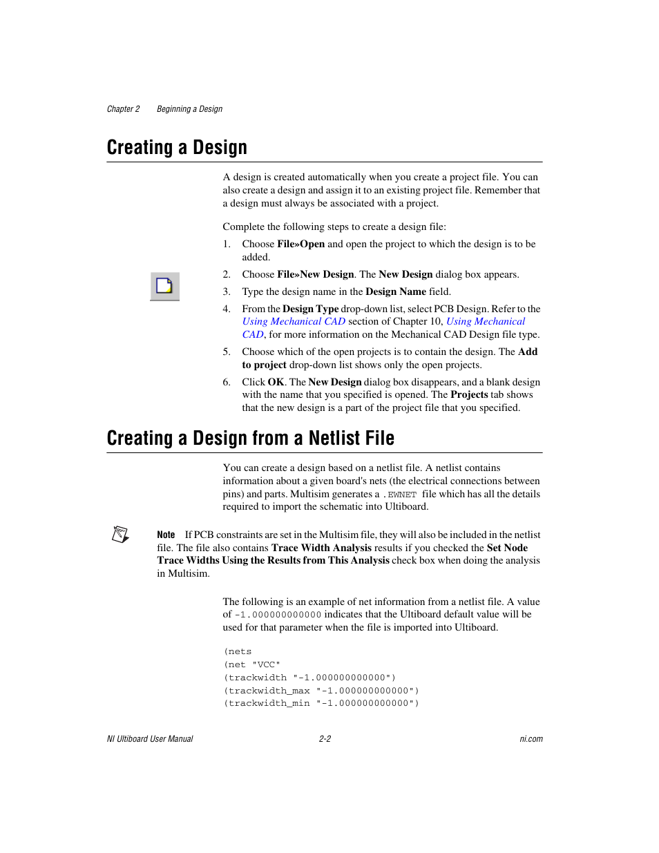 Creating a design, Creating a design from a netlist file, Creating a | Design, Sections | National Instruments Graphical User Interface Ultiboard User Manual | Page 67 / 281