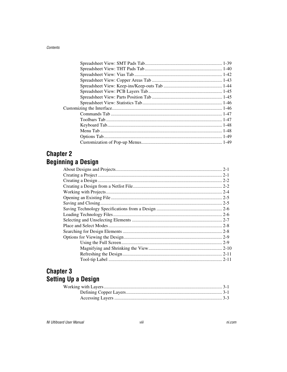 Chapter 2 beginning a design, Chapter 3 setting up a design | National Instruments Graphical User Interface Ultiboard User Manual | Page 7 / 281