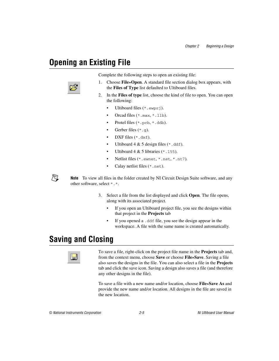 Opening an existing file, Saving and closing, Opening an existing file -5 saving and closing -5 | National Instruments Graphical User Interface Ultiboard User Manual | Page 70 / 281