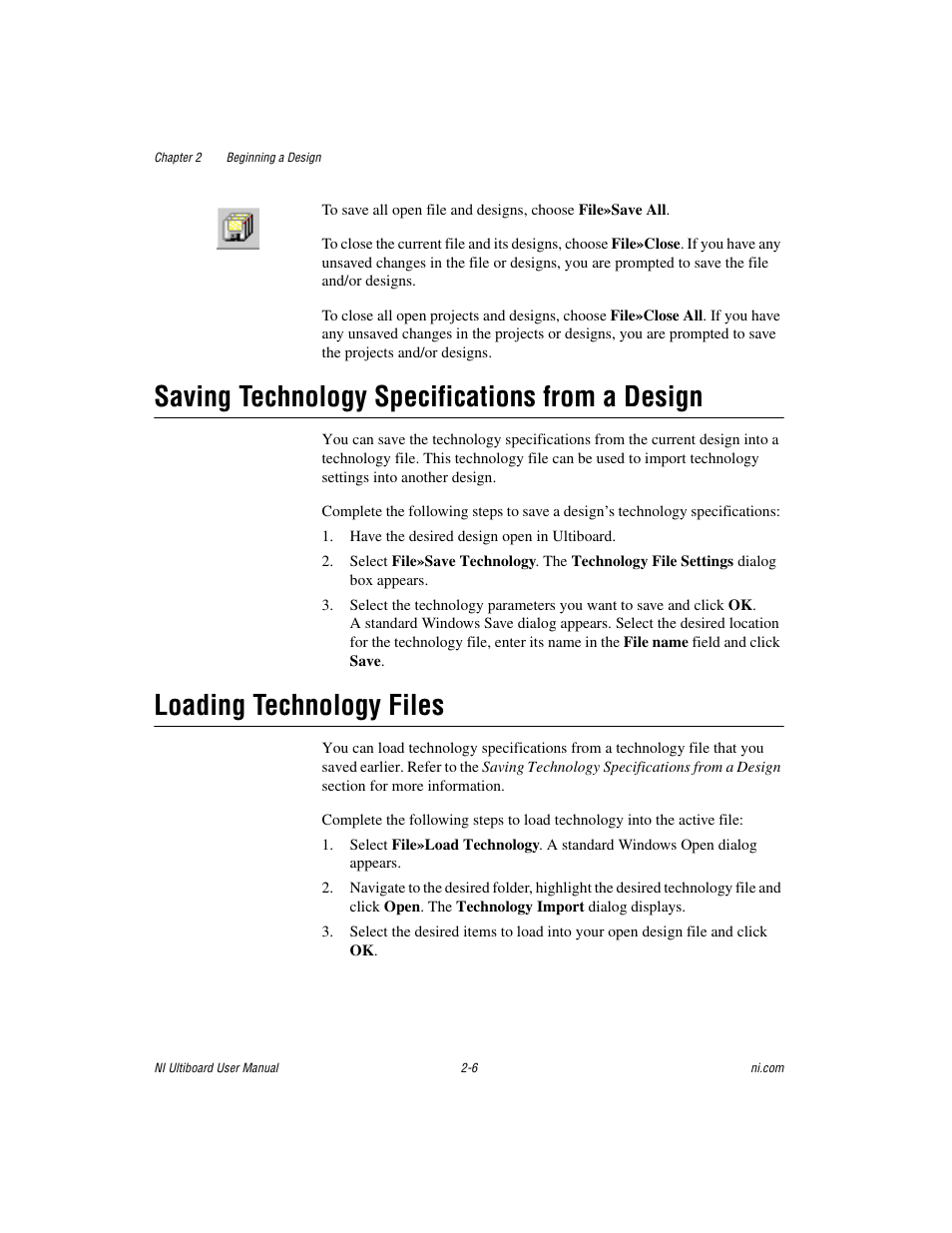 Saving technology specifications from a design, Loading technology files | National Instruments Graphical User Interface Ultiboard User Manual | Page 71 / 281