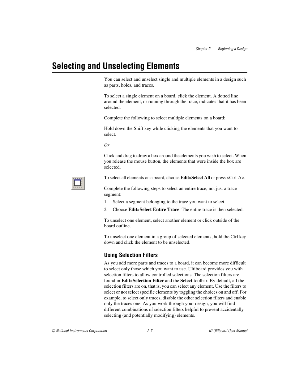 Selecting and unselecting elements, Selecting and unselecting elements -7 | National Instruments Graphical User Interface Ultiboard User Manual | Page 72 / 281