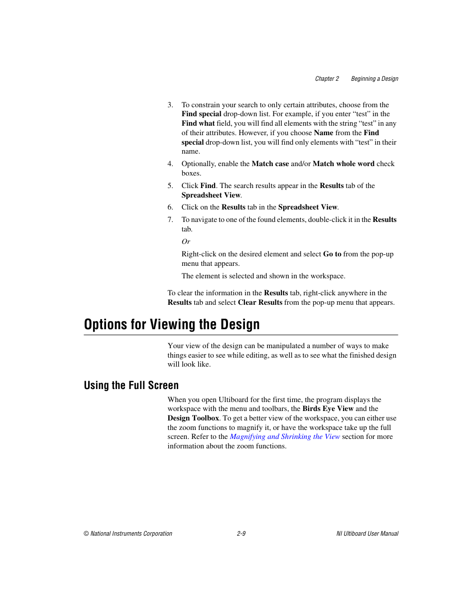 Options for viewing the design, Using the full screen, Options for viewing the design -9 | Using the full screen -9, Sect | National Instruments Graphical User Interface Ultiboard User Manual | Page 74 / 281