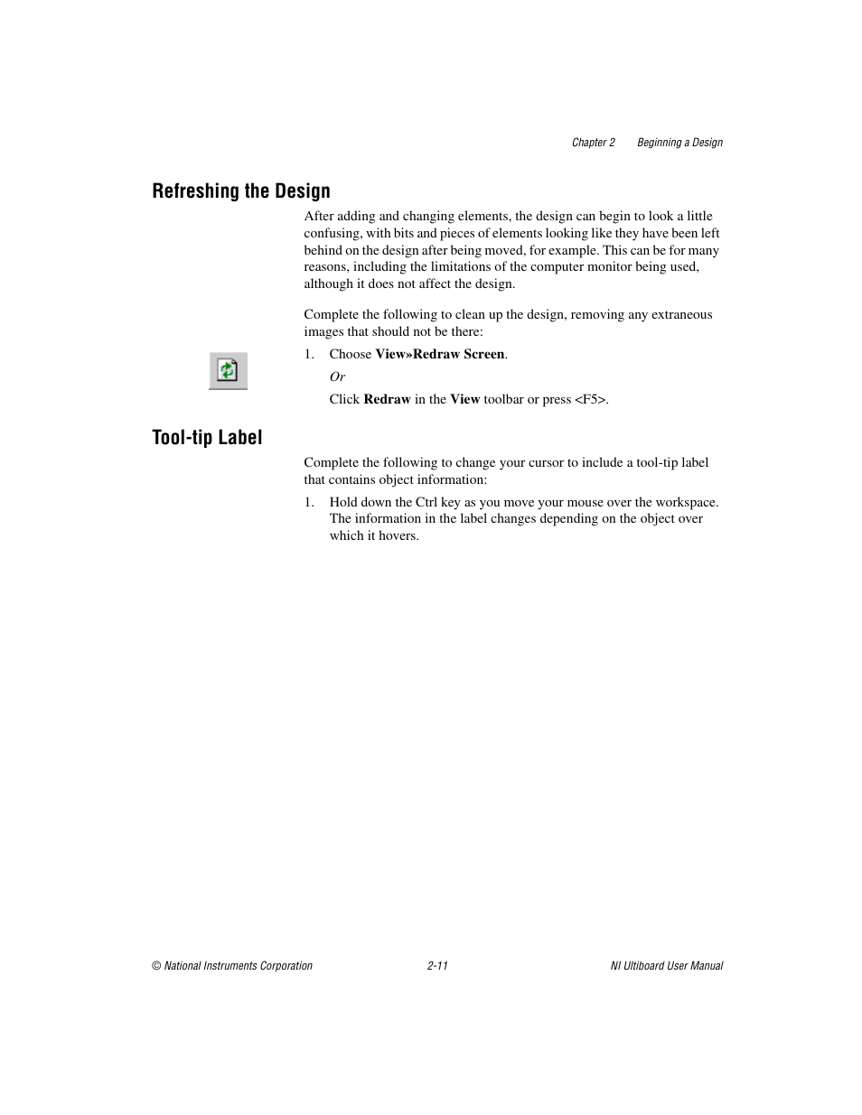 Refreshing the design, Tool-tip label, Refreshing the design -11 tool-tip label -11 | National Instruments Graphical User Interface Ultiboard User Manual | Page 76 / 281