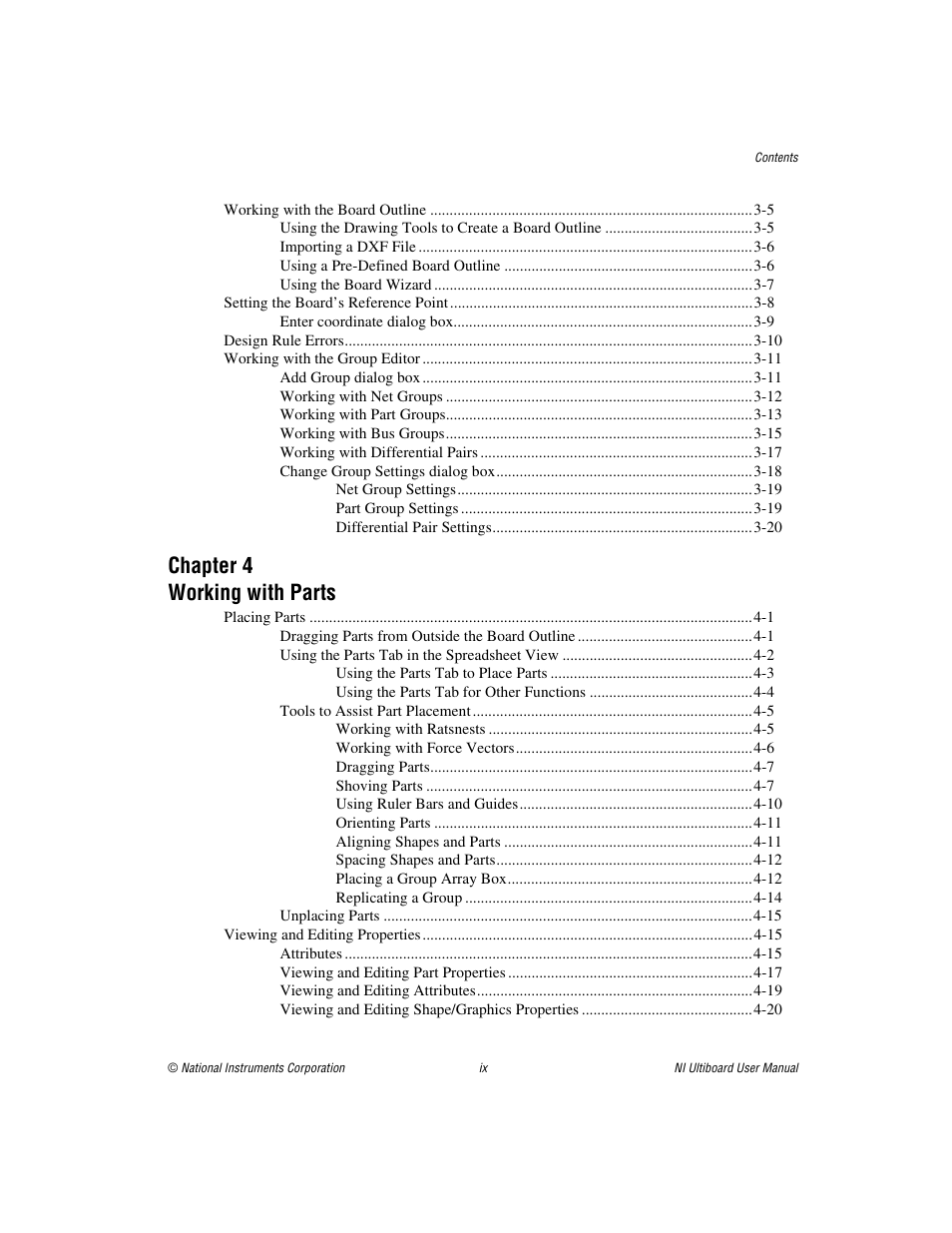 Chapter 4 working with parts | National Instruments Graphical User Interface Ultiboard User Manual | Page 8 / 281