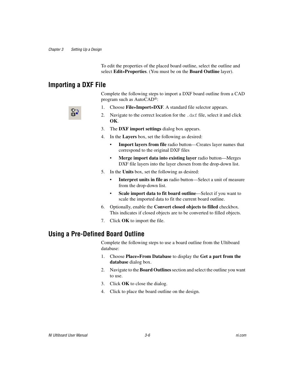 Importing a dxf file, Using a pre-defined board outline, Sect | Using a, Pre-defined board outline | National Instruments Graphical User Interface Ultiboard User Manual | Page 82 / 281