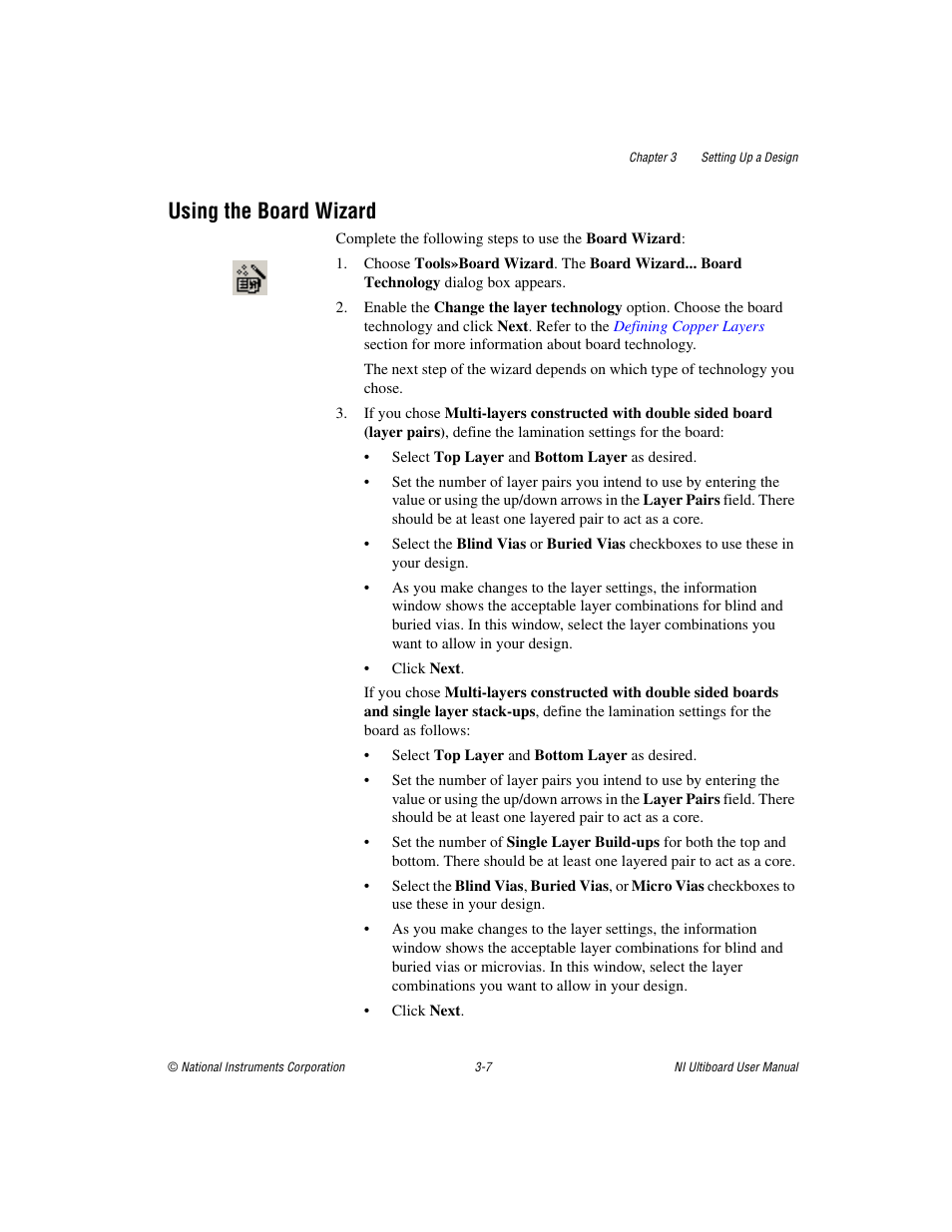 Using the board wizard, Using the board wizard -7, Sect | Using, The board wizard, Section | National Instruments Graphical User Interface Ultiboard User Manual | Page 83 / 281
