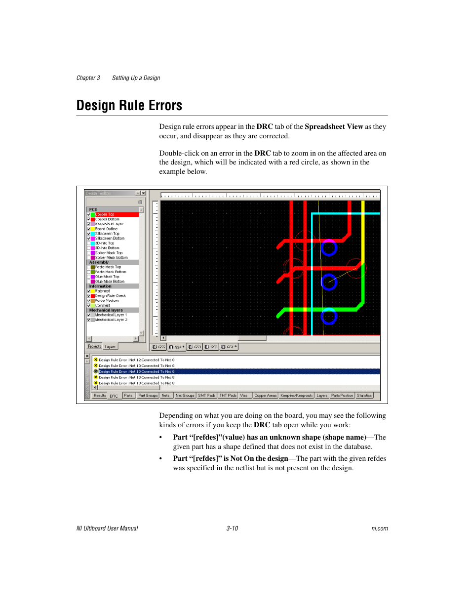 Design rule errors, Design rule errors -10 | National Instruments Graphical User Interface Ultiboard User Manual | Page 86 / 281