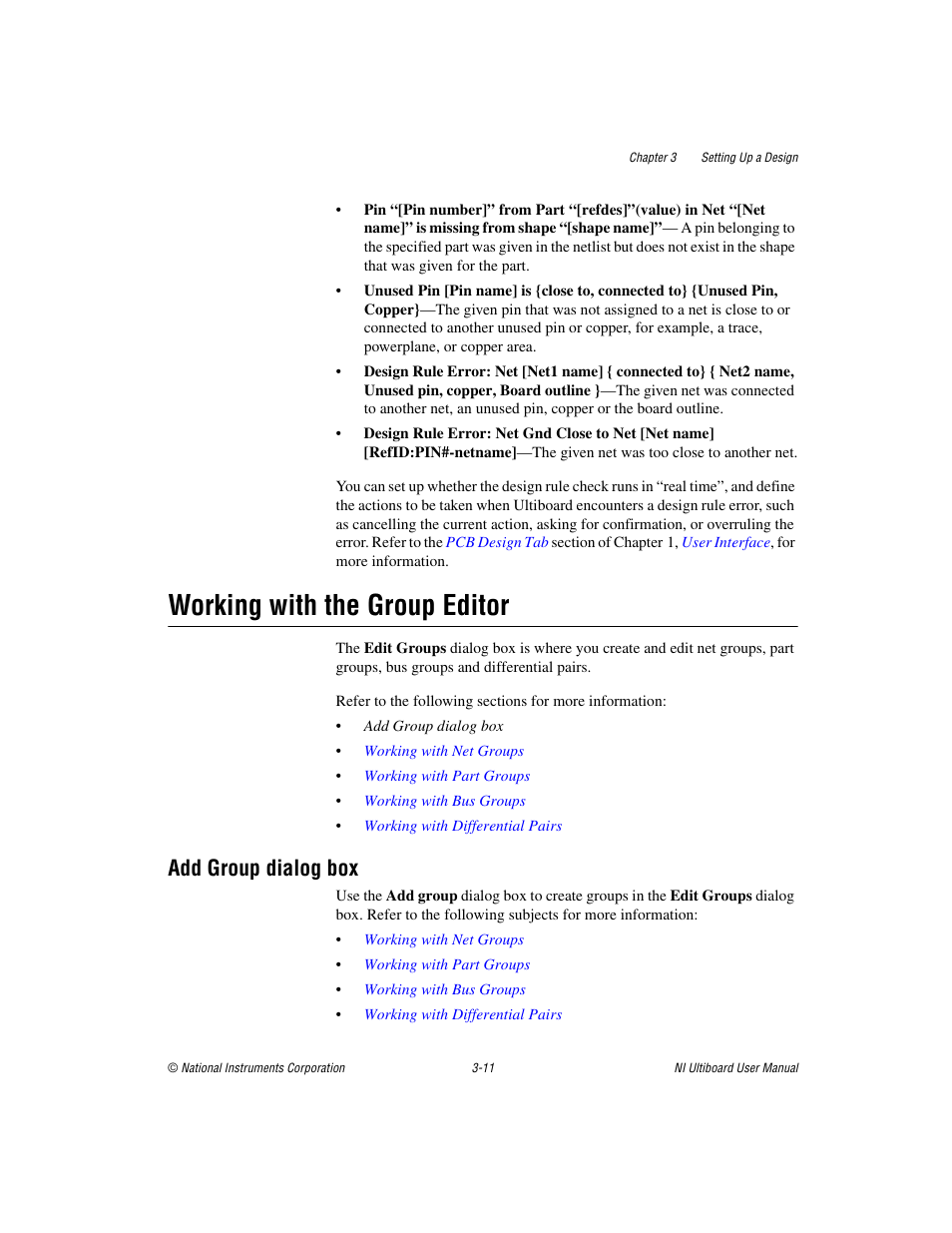 Working with the group editor, Add group dialog box, Working with the group editor -11 | Add group dialog box -11, Working with the, Group editor, Sectio, Working, With the group editor, Working with the group | National Instruments Graphical User Interface Ultiboard User Manual | Page 87 / 281