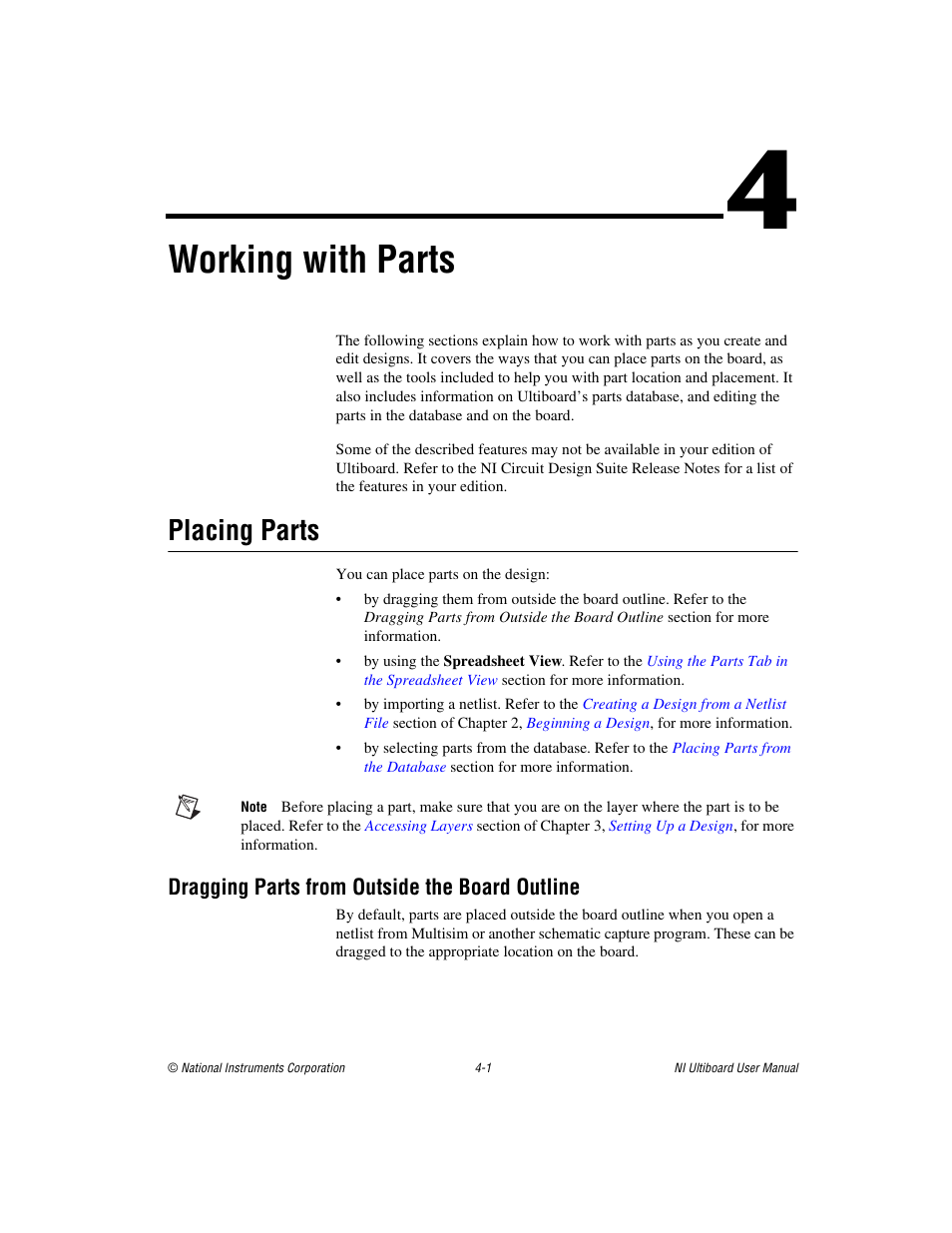 Chapter 4 working with parts, Placing parts, Dragging parts from outside the board outline | Placing parts -1, Dragging parts from outside the board outline -1, Working with parts, Working with, Parts, Ter 4, Section of chapter 4 | National Instruments Graphical User Interface Ultiboard User Manual | Page 97 / 281