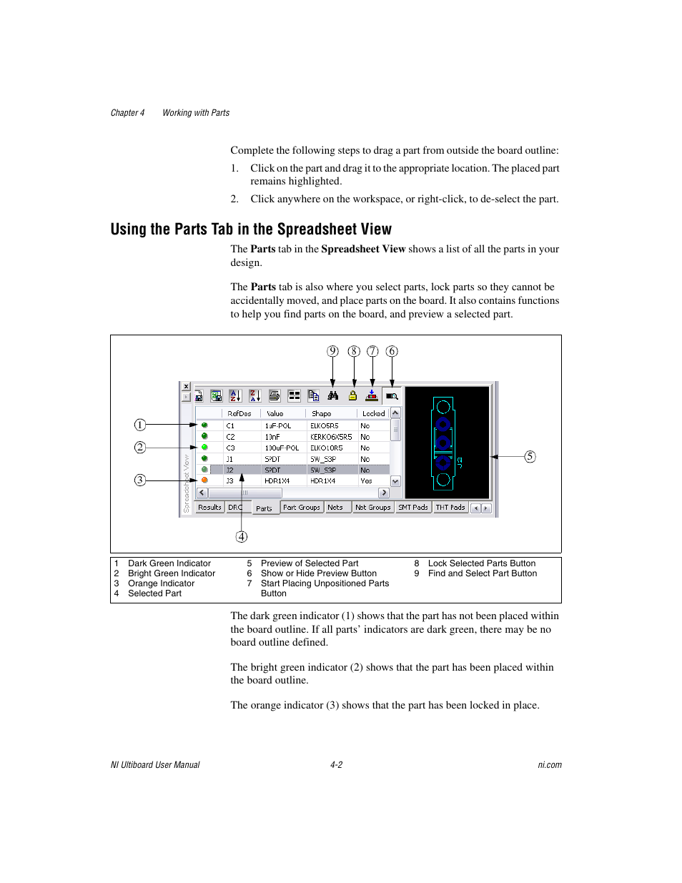 Using the parts tab in the spreadsheet view, Using the parts tab in the spreadsheet view -2, Using | The parts tab in the spreadsheet view, Section of chapter | National Instruments Graphical User Interface Ultiboard User Manual | Page 98 / 281