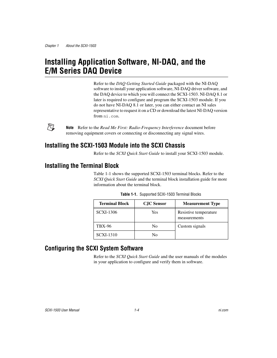 Installing the terminal block, Table 1-1. supported scxi-1503 terminal blocks, Configuring the scxi system software | National Instruments Module SCXI-1503 User Manual | Page 12 / 79