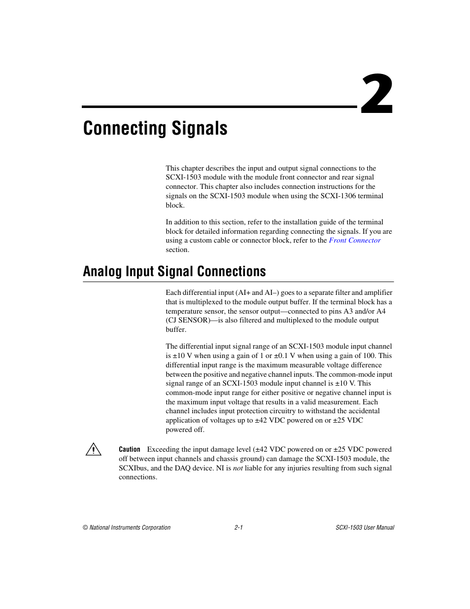 Chapter 2 connecting signals, Analog input signal connections, Analog input signal connections -1 | Connecting signals | National Instruments Module SCXI-1503 User Manual | Page 14 / 79