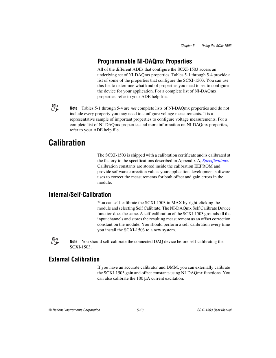 Programmable ni-daqmx properties, Calibration, Internal/self-calibration | External calibration, Programmable ni-daqmx properties -13, Calibration -13 | National Instruments Module SCXI-1503 User Manual | Page 56 / 79