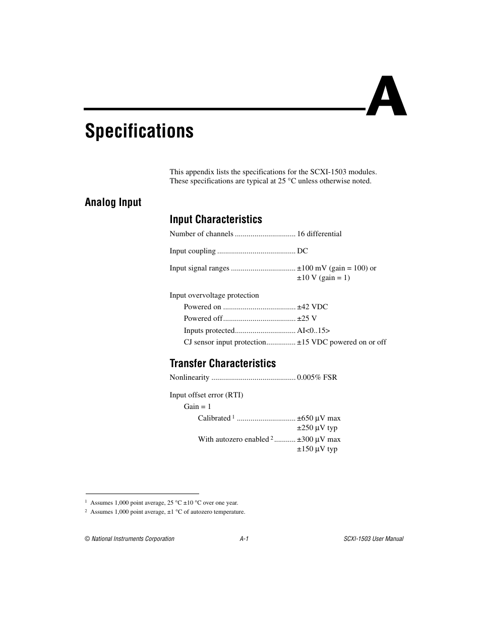 Appendix a specifications, Specifications, Analog input input characteristics | Transfer characteristics | National Instruments Module SCXI-1503 User Manual | Page 58 / 79