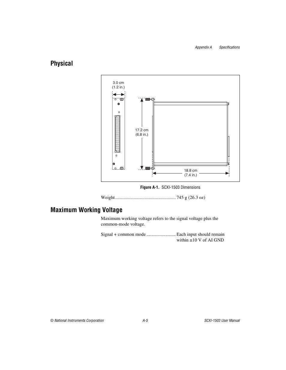 Figure a-1. scxi-1503 dimensions, Physical, Maximum working voltage | National Instruments Module SCXI-1503 User Manual | Page 62 / 79