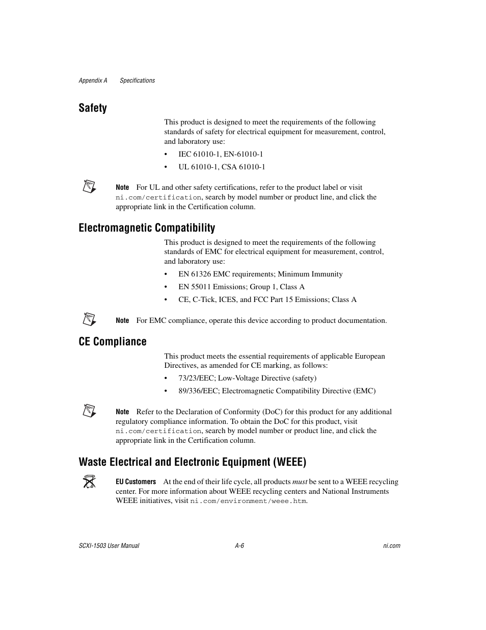 Safety, Electromagnetic compatibility, Ce compliance | Waste electrical and electronic equipment (weee) | National Instruments Module SCXI-1503 User Manual | Page 63 / 79