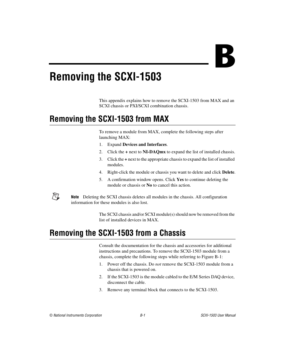 Appendix b removing the scxi-1503, Removing the scxi-1503, Removing the scxi-1503 from max | Removing the scxi-1503 from a chassis | National Instruments Module SCXI-1503 User Manual | Page 64 / 79