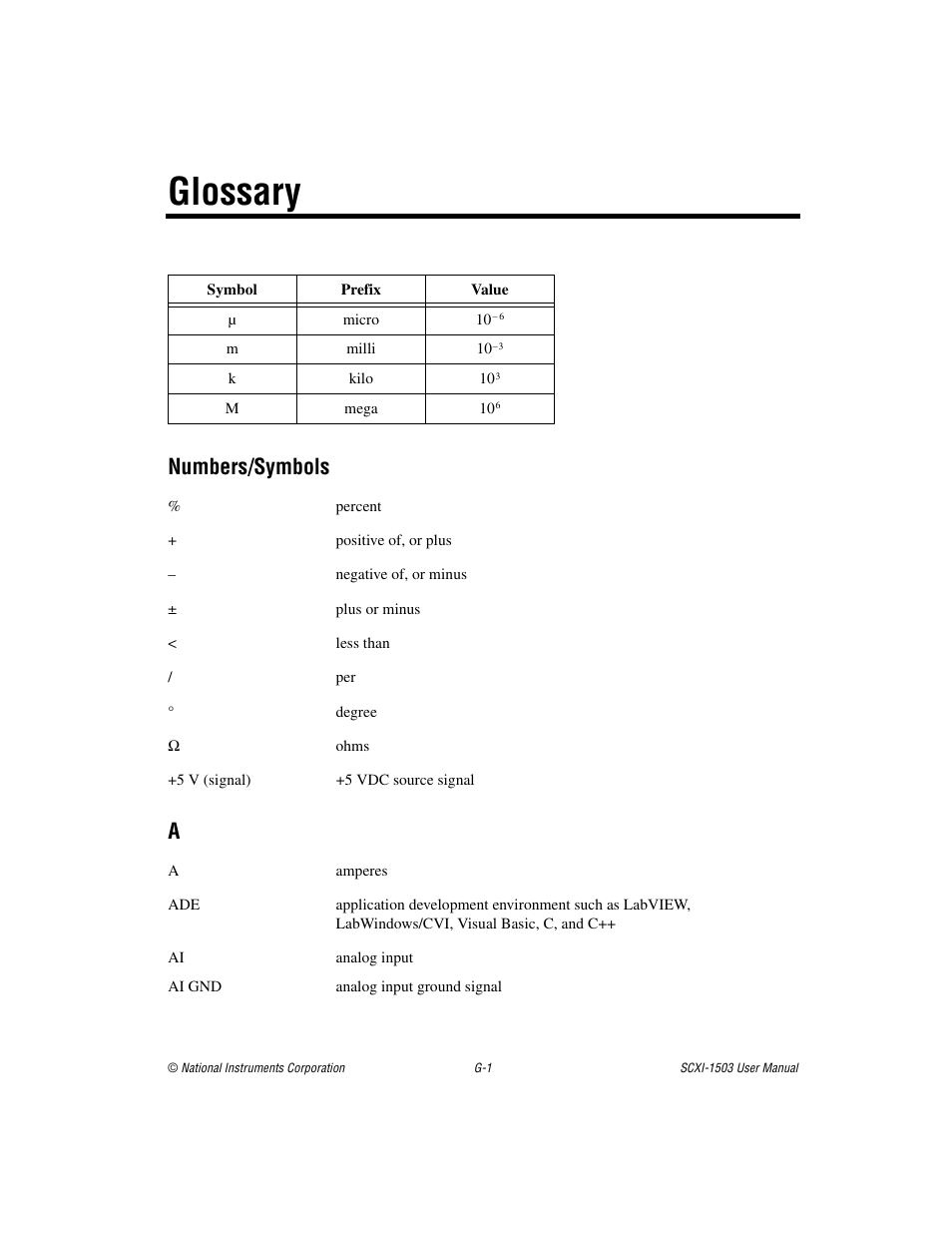 Glossary, Numbers/symbols | National Instruments Module SCXI-1503 User Manual | Page 69 / 79