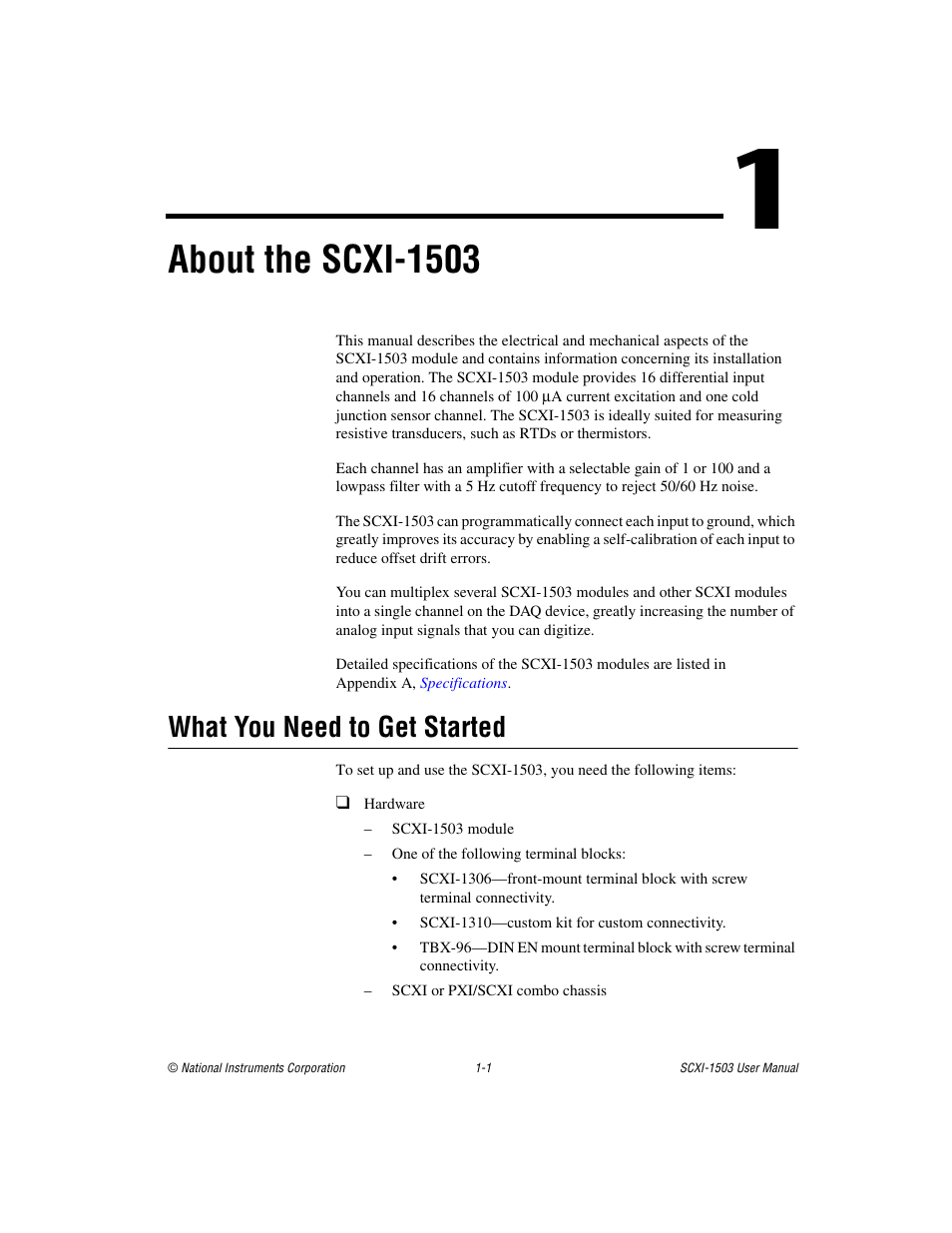 Chapter 1 about the scxi-1503, What you need to get started, What you need to get started -1 | About the scxi-1503 | National Instruments Module SCXI-1503 User Manual | Page 9 / 79