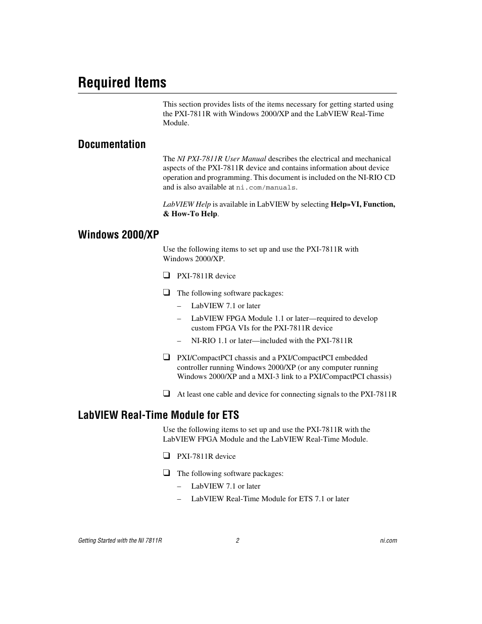 Required items, Documentation, Windows 2000/xp | Labview real-time module for ets | National Instruments Network Device NI PXI-7811R User Manual | Page 2 / 8