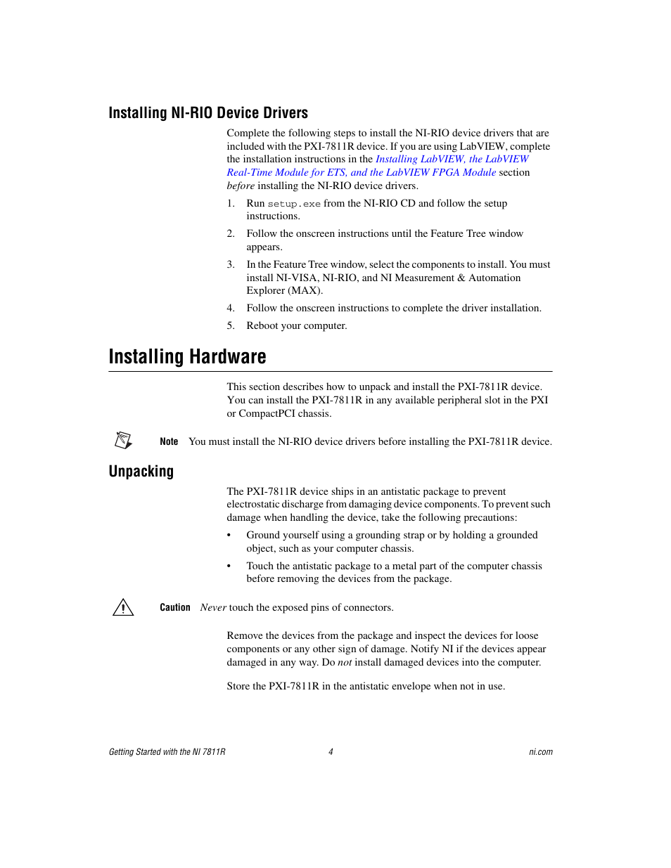 Installing ni-rio device drivers, Installing hardware, Unpacking | Installing ni-rio, Device drivers, Sect | National Instruments Network Device NI PXI-7811R User Manual | Page 4 / 8