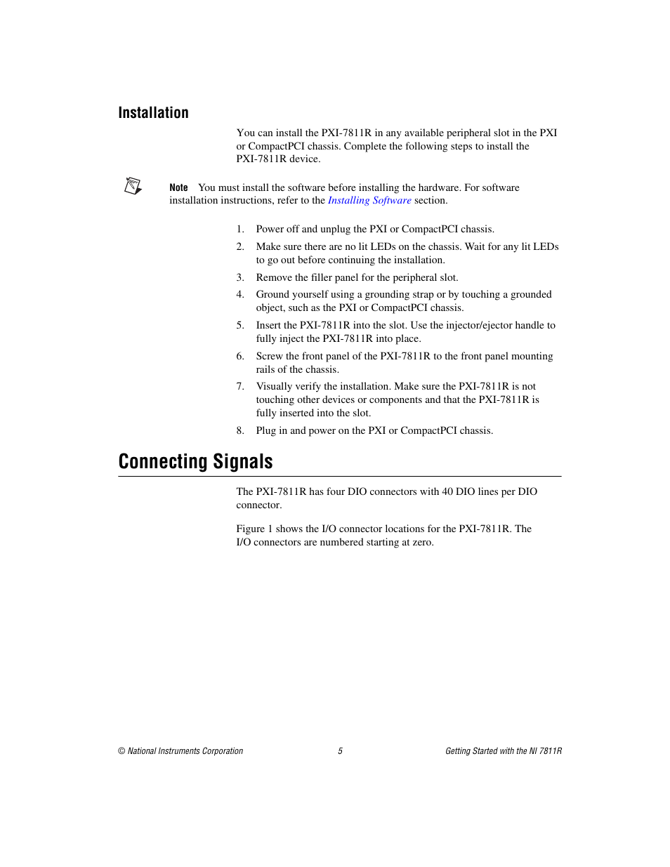 Installation, Connecting signals | National Instruments Network Device NI PXI-7811R User Manual | Page 5 / 8