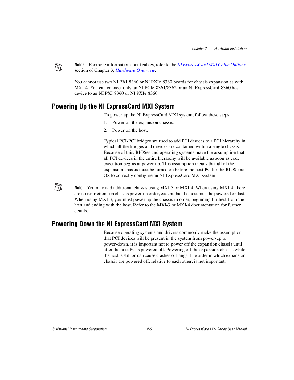 Powering up the ni expresscard mxi system, Powering down the ni expresscard mxi system | National Instruments MXI Series User Manual | Page 16 / 40