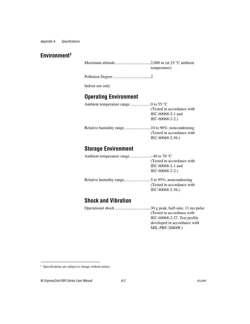 Environment, Operating environment, Storage environment | Shock and vibration | National Instruments MXI Series User Manual | Page 22 / 40