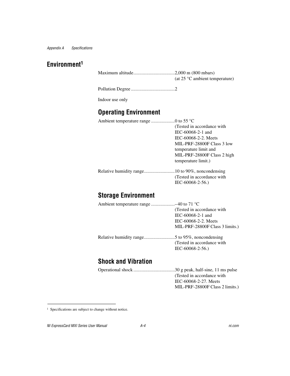 Environment, Operating environment, Storage environment | Shock and vibration | National Instruments MXI Series User Manual | Page 24 / 40